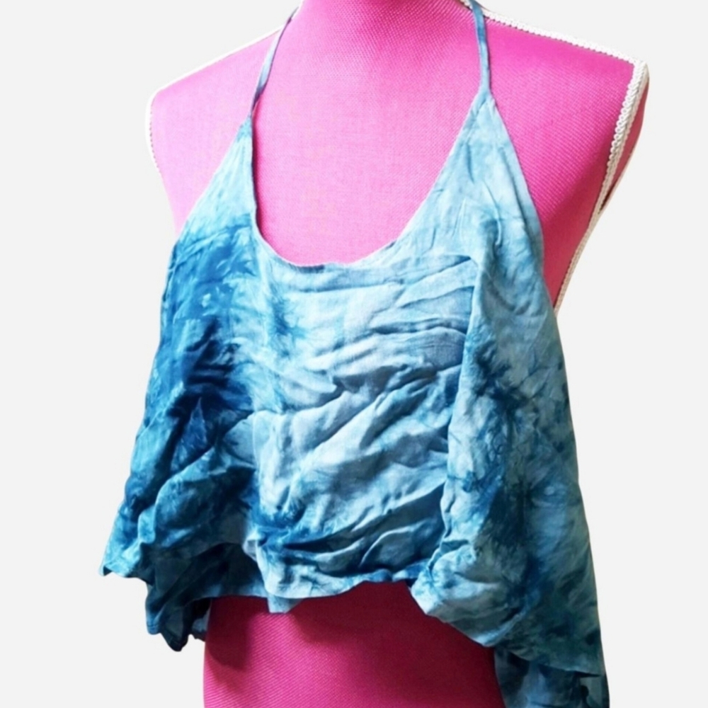 NWT Blue Tie Dye Flounce Halter Top Deadstock